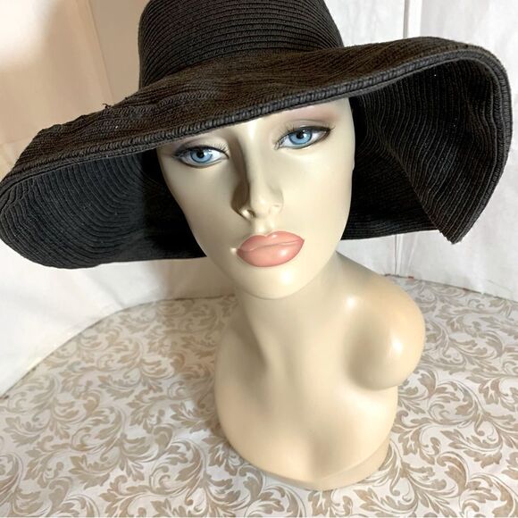 Kathy Jeanne Floppy Bucket Straw Black Hat Size M/L Gorgeous - Picture 4 of 8